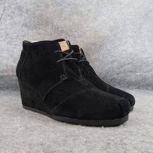 Toms Shoes Womens 9 Booties Wedge Lace Up Desert Casual Leather Lifestyle Black